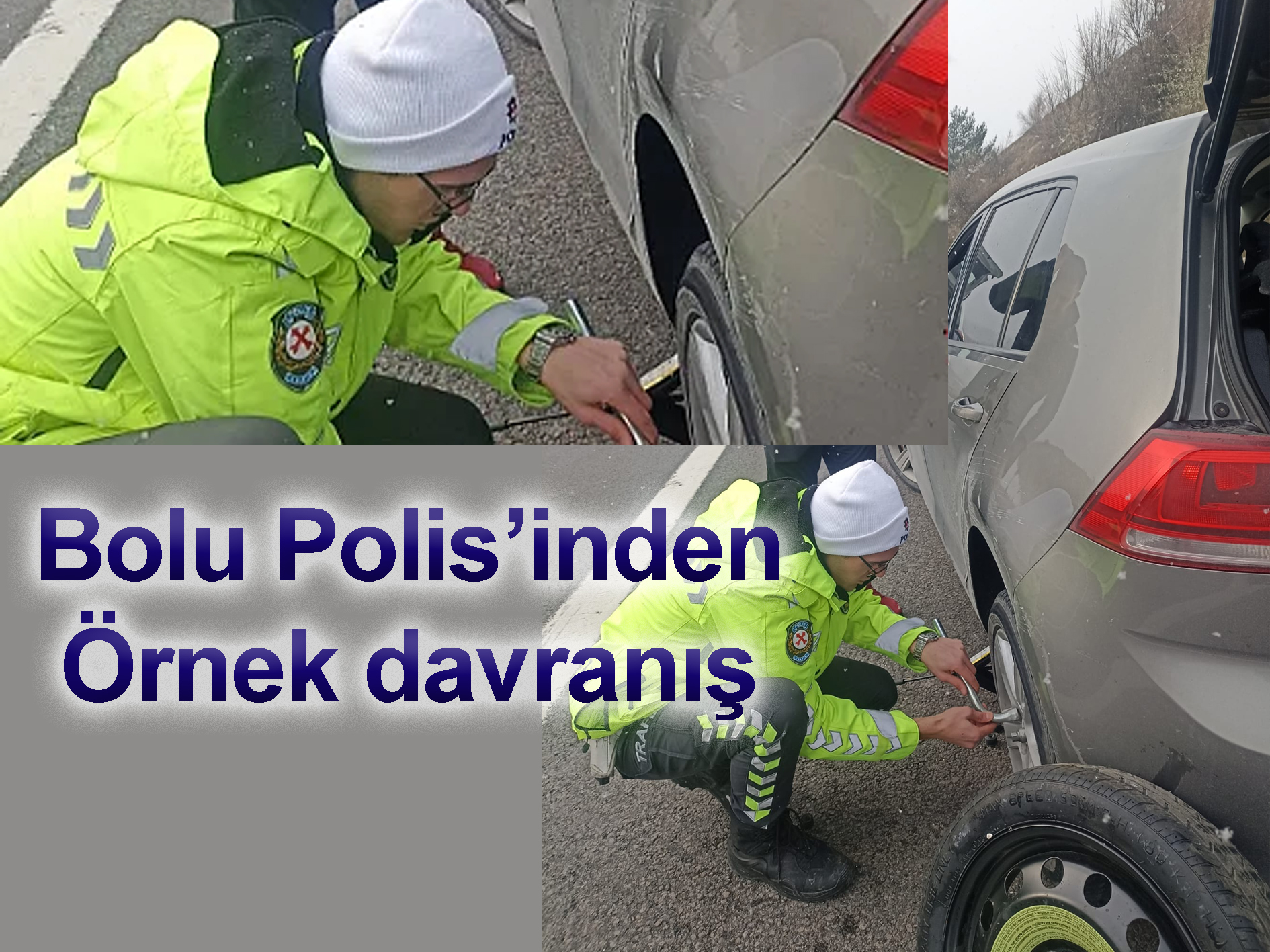 Bolu Polis’i, Örnek bir davranış sergileyerek otoyolda lastiği patlayan sürücüye yardım etti